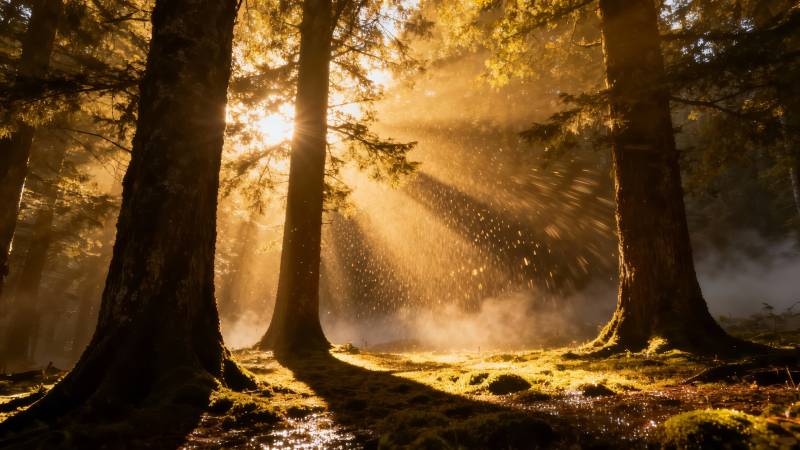 晨光穿透森林图片