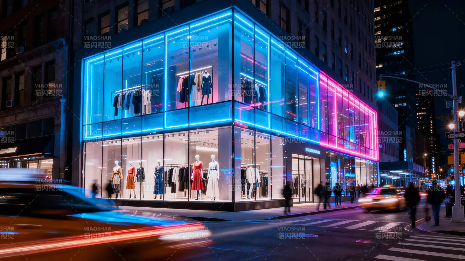 霓虹灯下的时尚橱窗图片