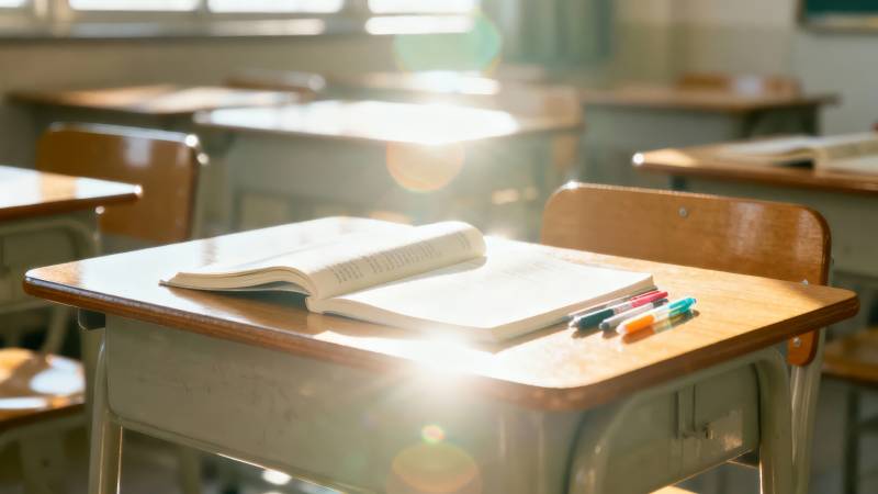 教室晨光中的书桌图片