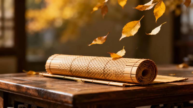 秋叶纷飞竹卷静图片