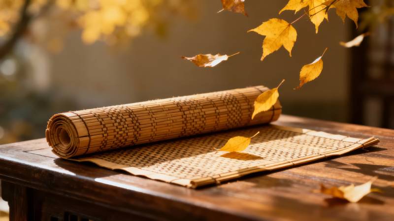 秋叶落竹席图片