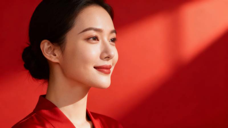 红衣女子侧颜微笑图片