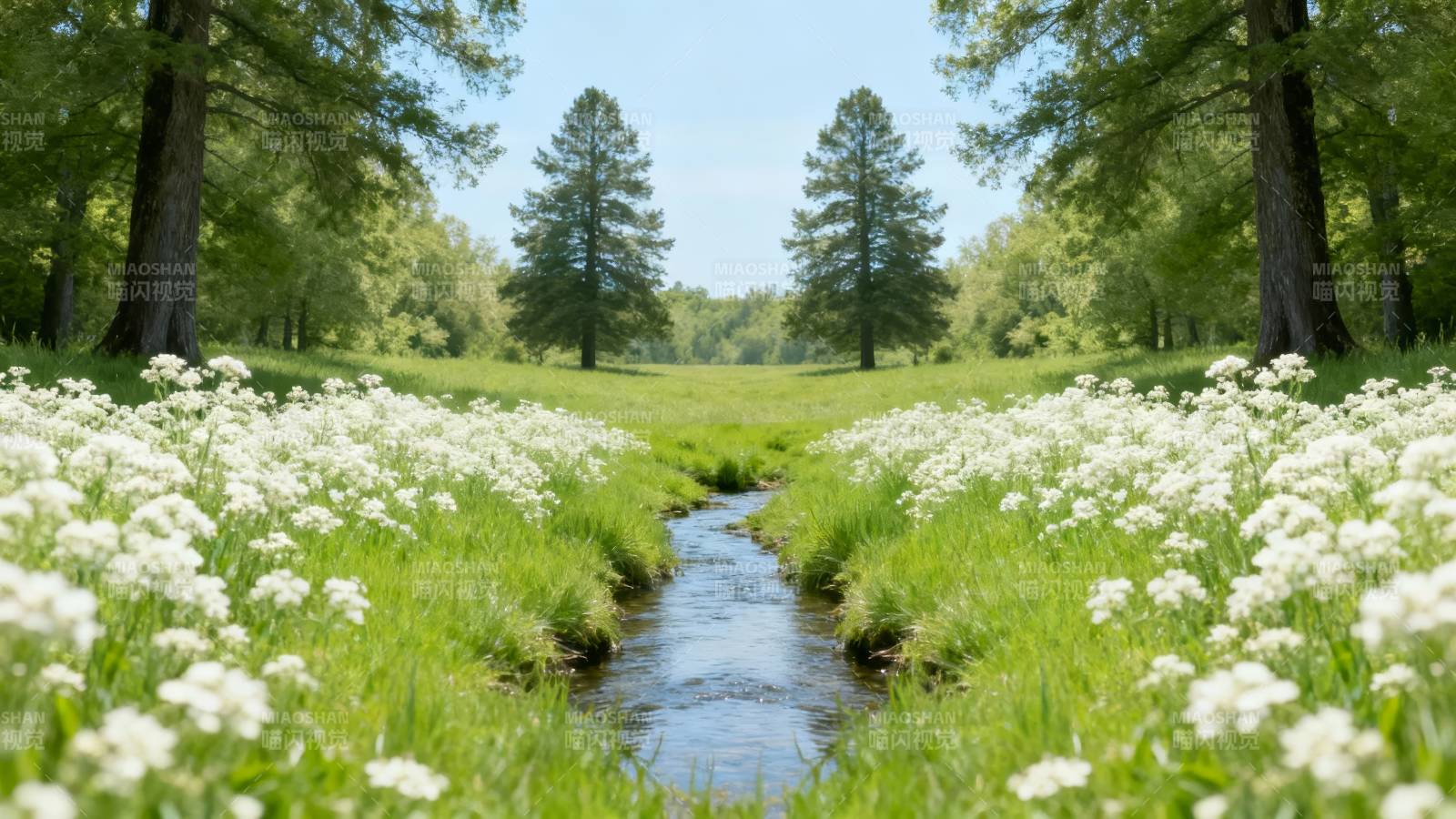 溪流花海绿意盎然图片