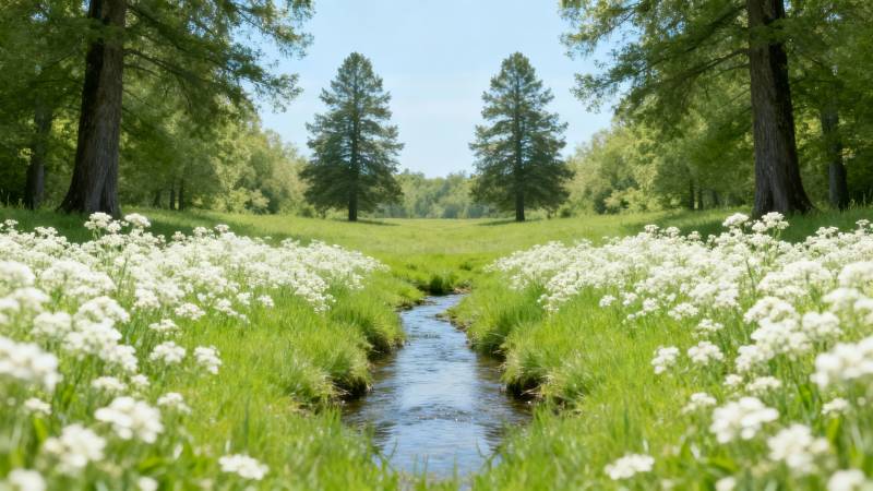 溪流花海绿意盎然图片