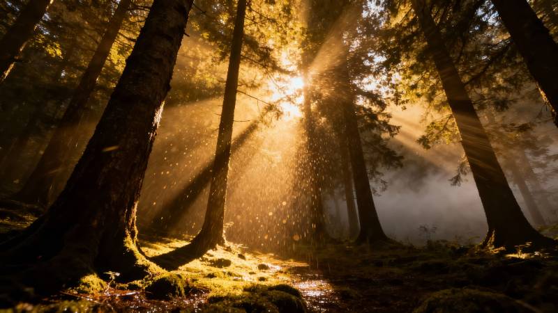 晨光穿透林间图片