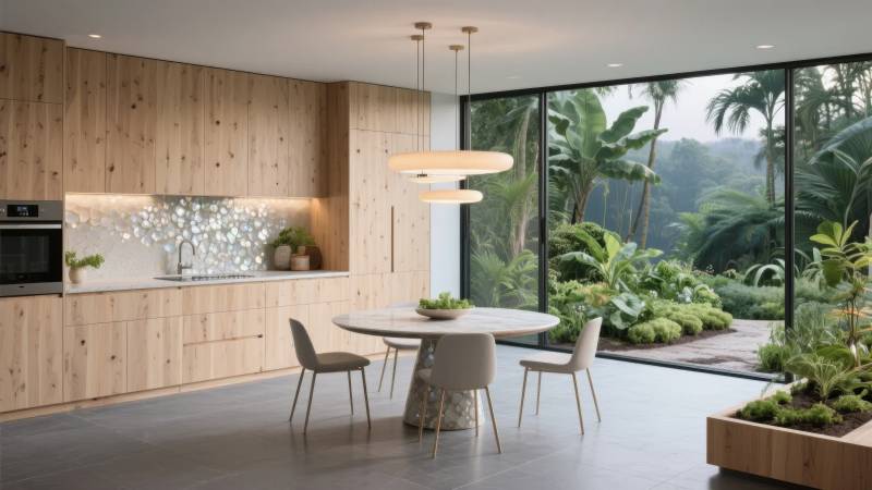 现代木质厨房花园景图片