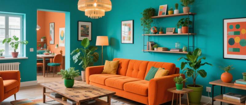 橙色沙发绿墙客厅图片