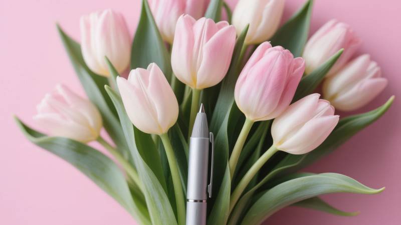 粉郁金香与笔图片