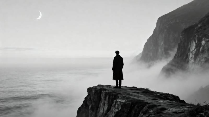 月下孤影悬崖边图片