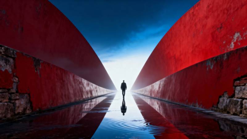 红墙倒影中的孤独行者图片