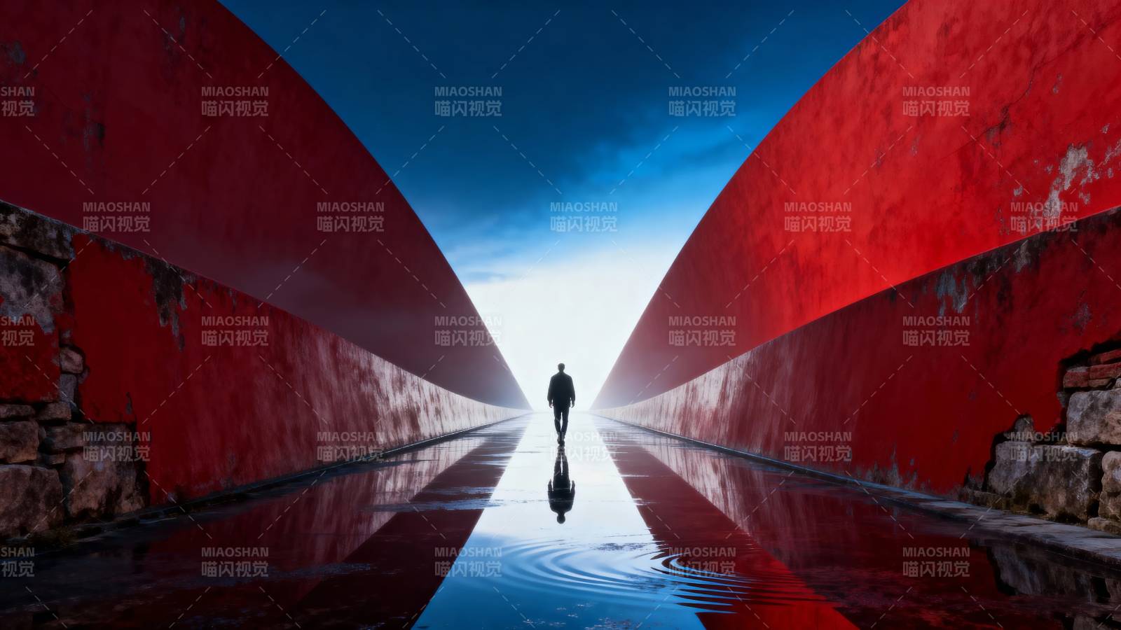 红墙倒影中的孤独行者图片