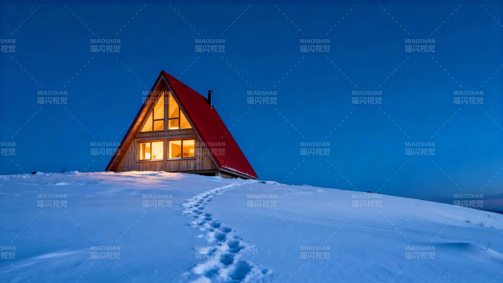 雪夜小屋暖光图片