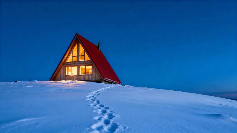 雪夜小屋暖光图片