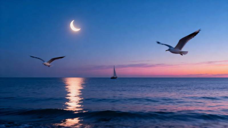 月下海鸥共舞图片