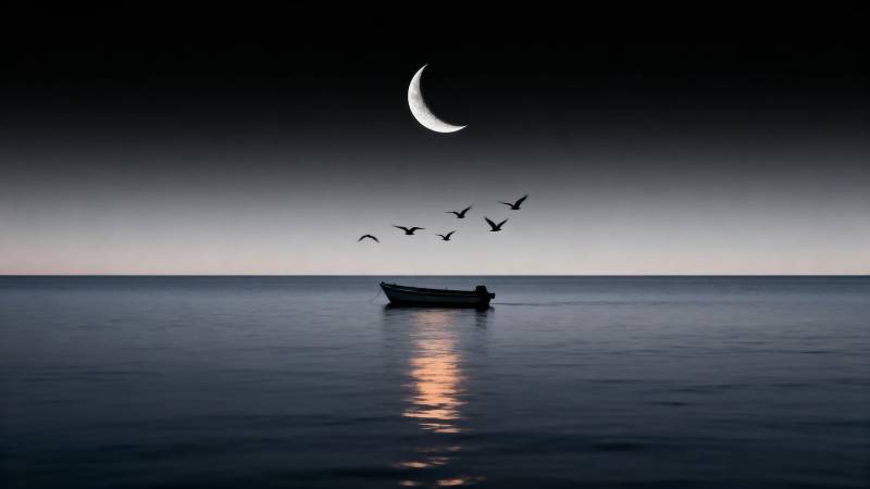 月夜孤舟飞鸟影图片