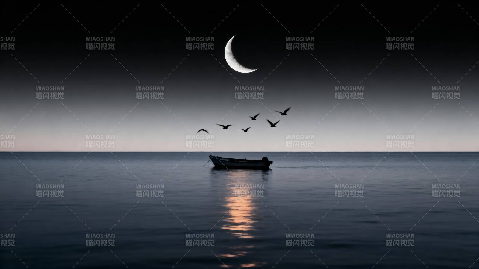 月夜孤舟飞鸟影图片