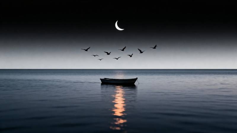 月下孤舟 飞鸟掠影图片