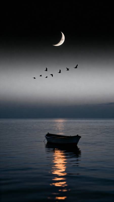 月下孤舟 飞鸟掠影图片