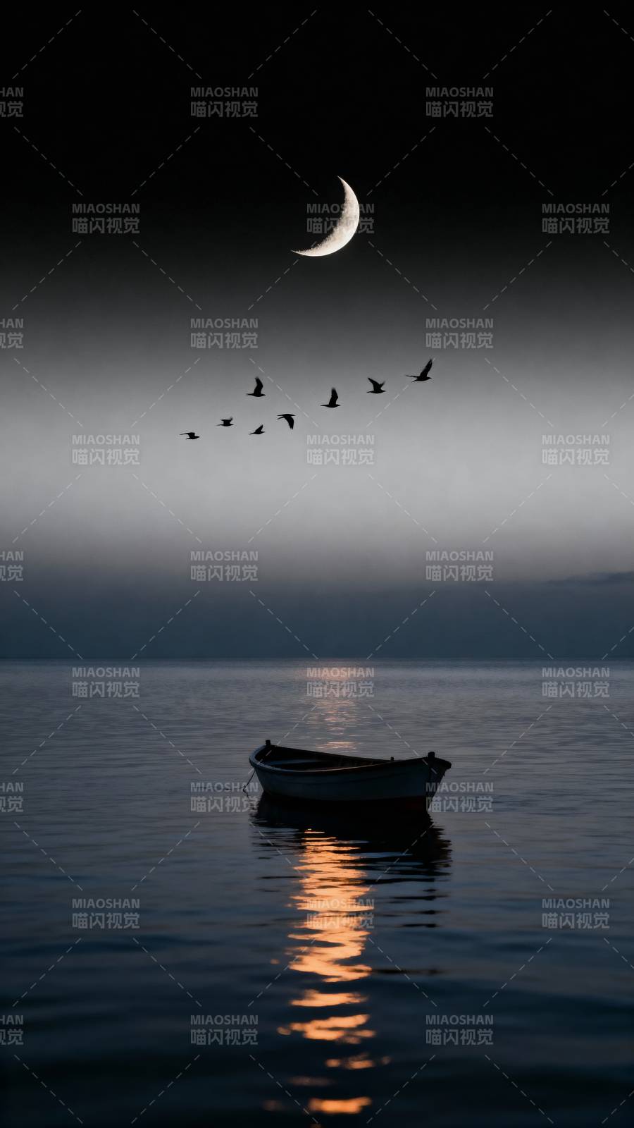 月下孤舟 飞鸟掠影图片