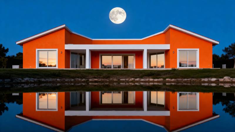 橙色小屋月夜倒影图片