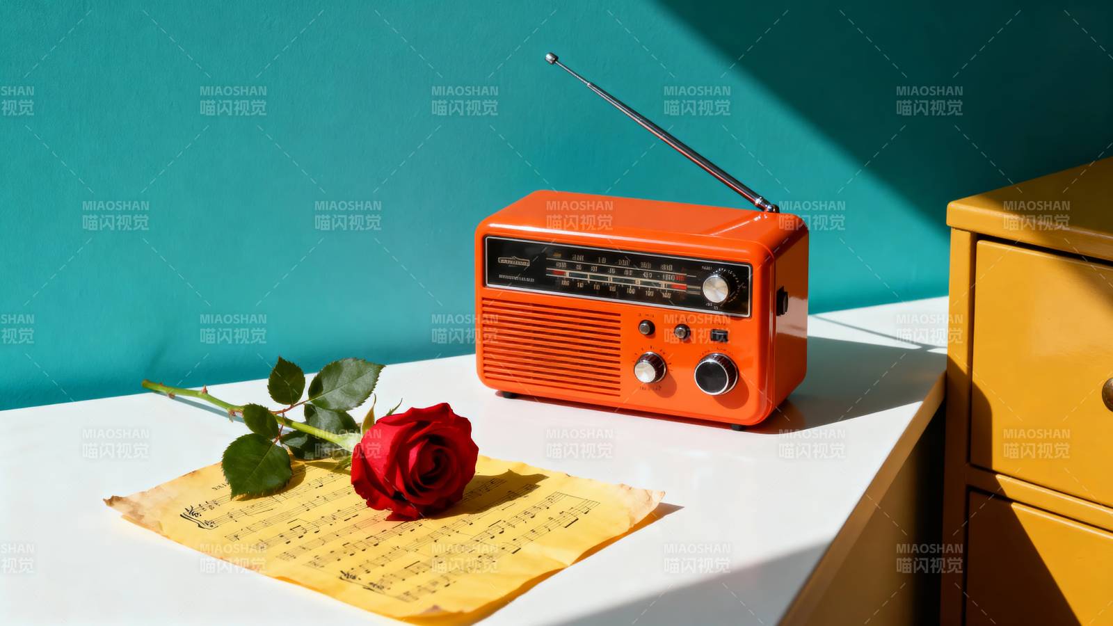 复古收音机与红玫瑰图片