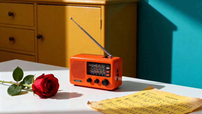 橙色收音机与红玫瑰图片