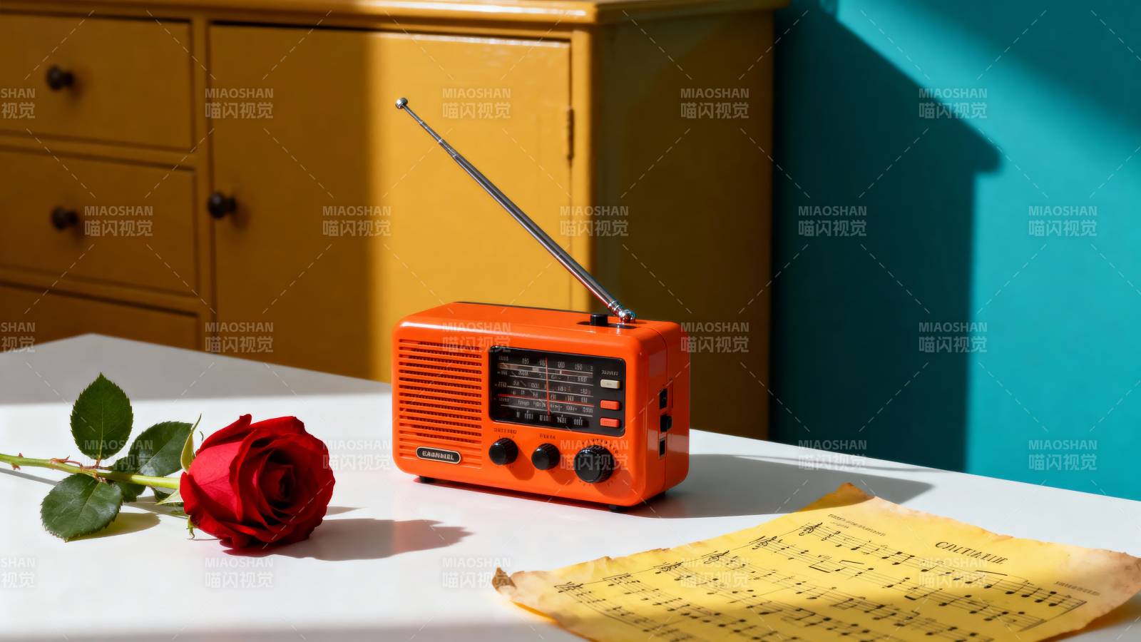橙色收音机与红玫瑰图片
