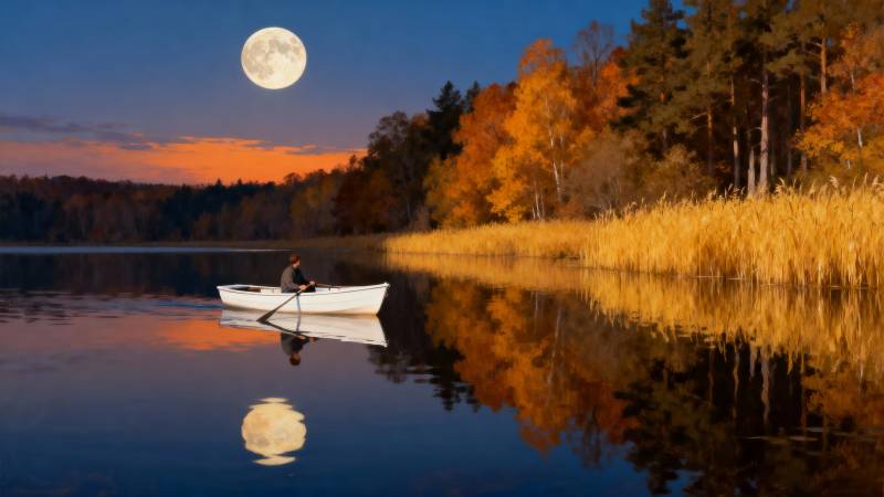 月夜湖上泛舟图片