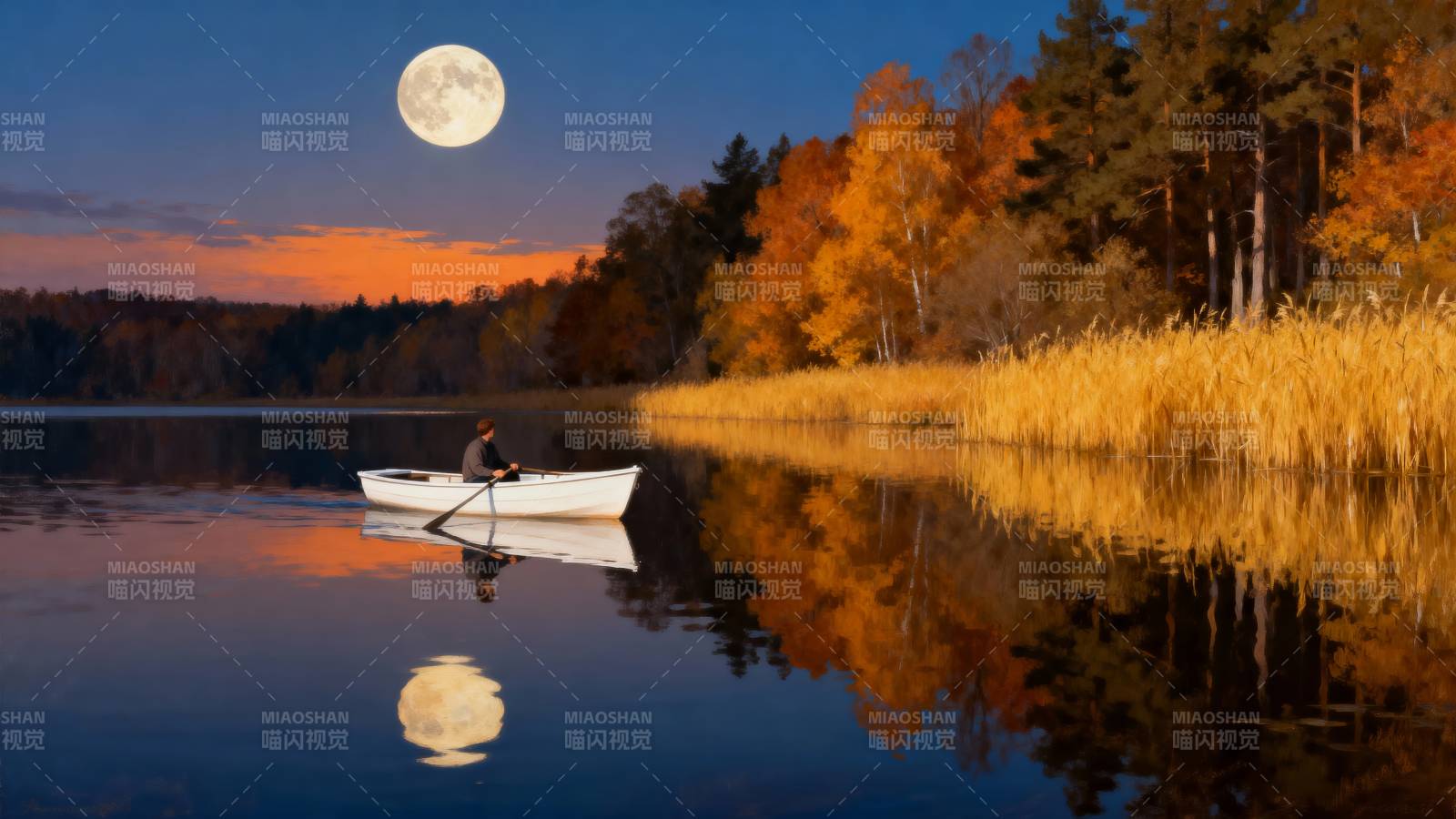 月夜湖上泛舟图片
