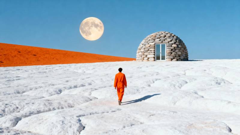 雪地橙衣人行月前图片