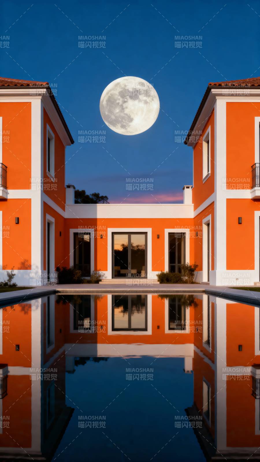 月夜橙屋倒影图片