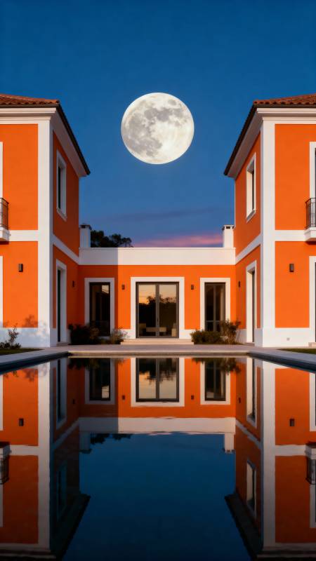 月夜橙屋倒影图片