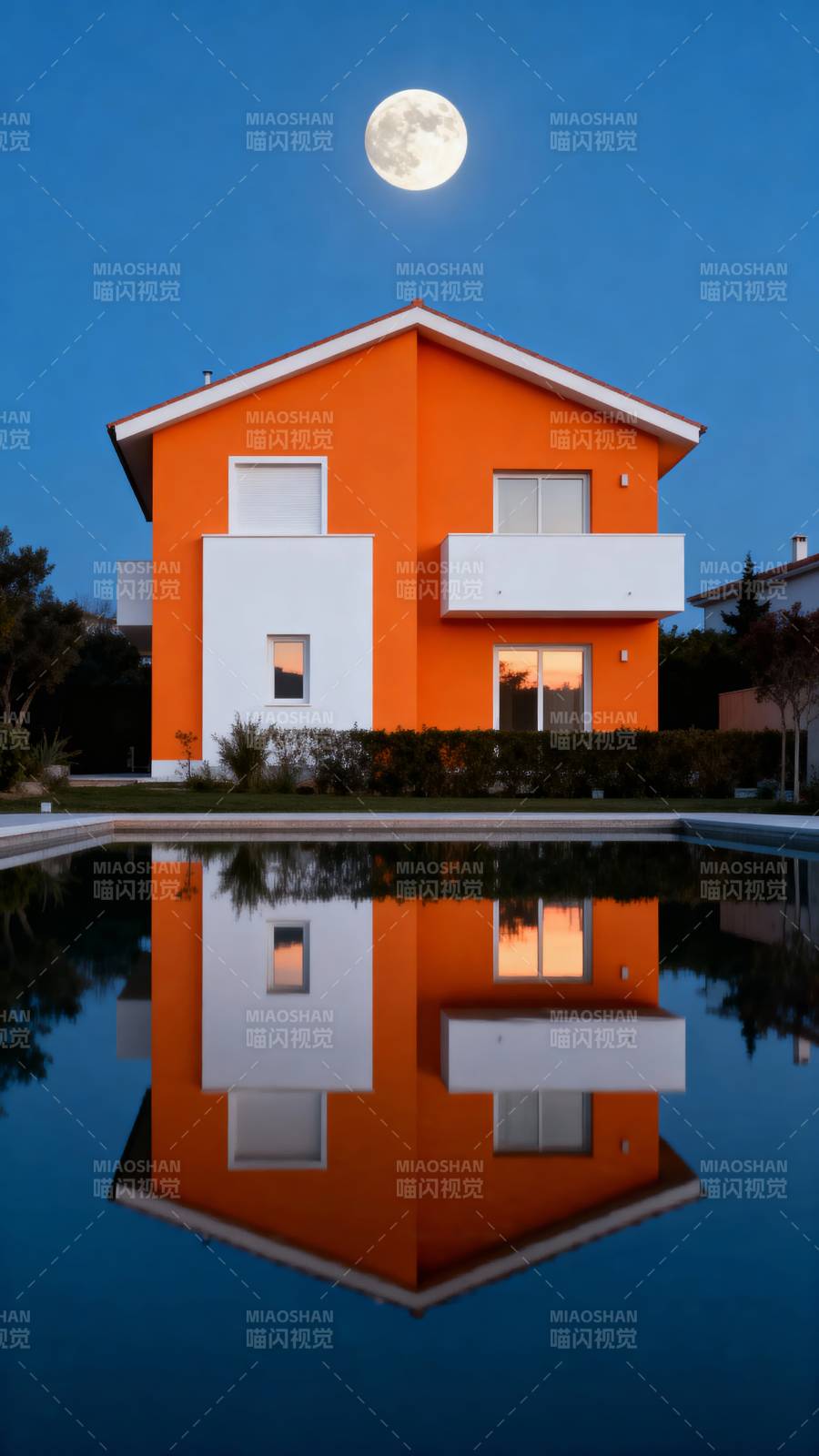 月夜橙屋倒影图片