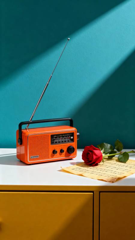 橙色收音机与红玫瑰图片