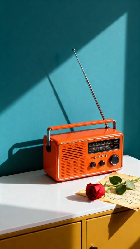 橙色收音机与红玫瑰图片