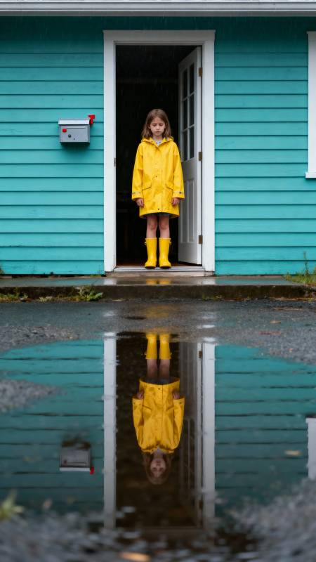 雨中倒影小女孩图片