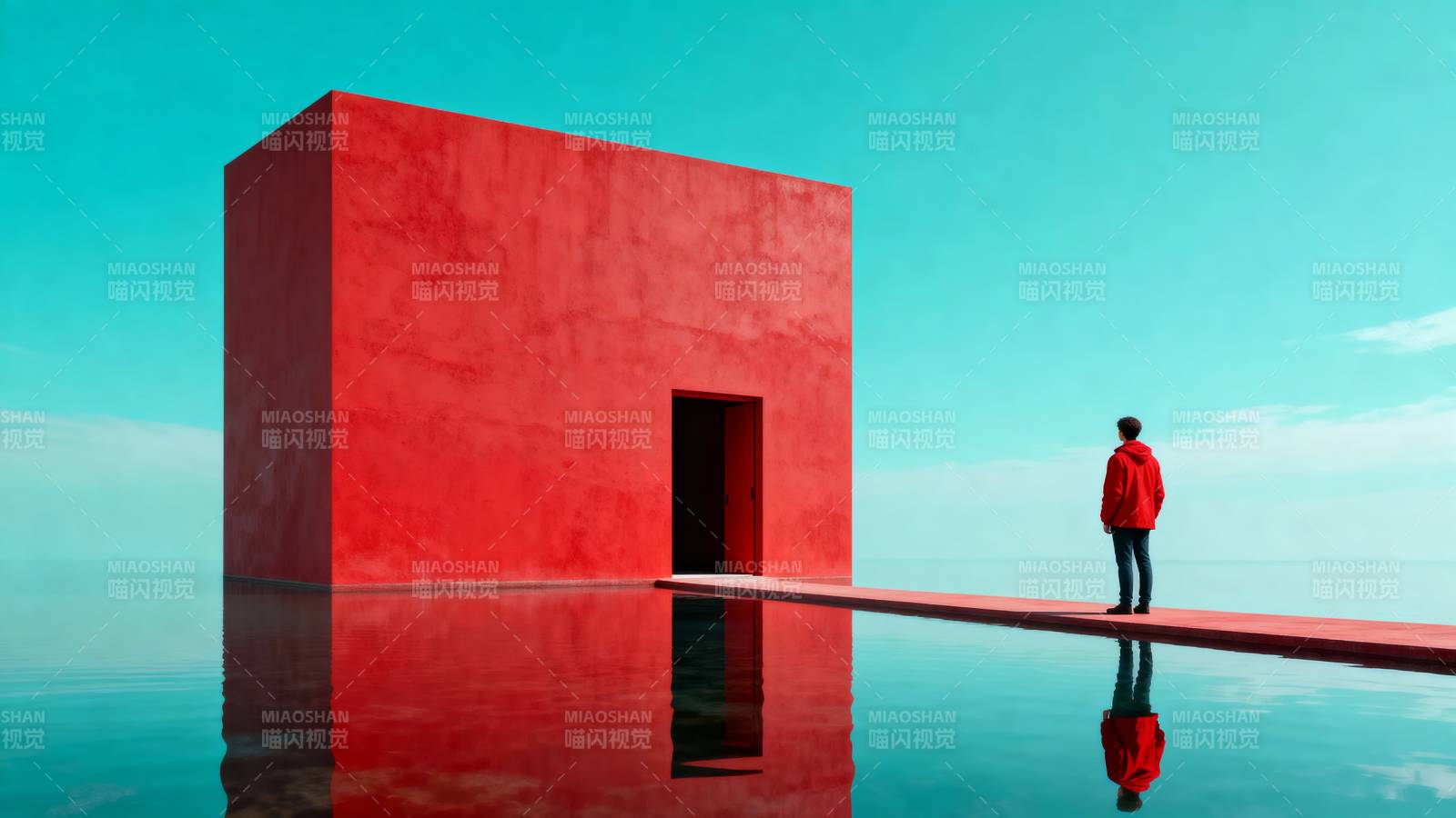 红墙映水 人影孤立图片