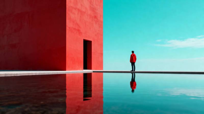 红墙倒影人影图片