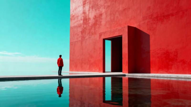 红墙倒影 一人独行图片