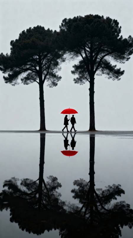 红伞映水影图片