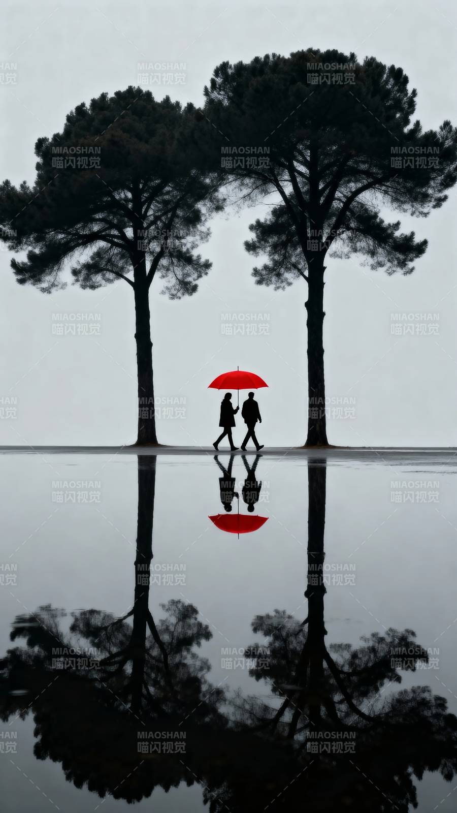 红伞映水影图片