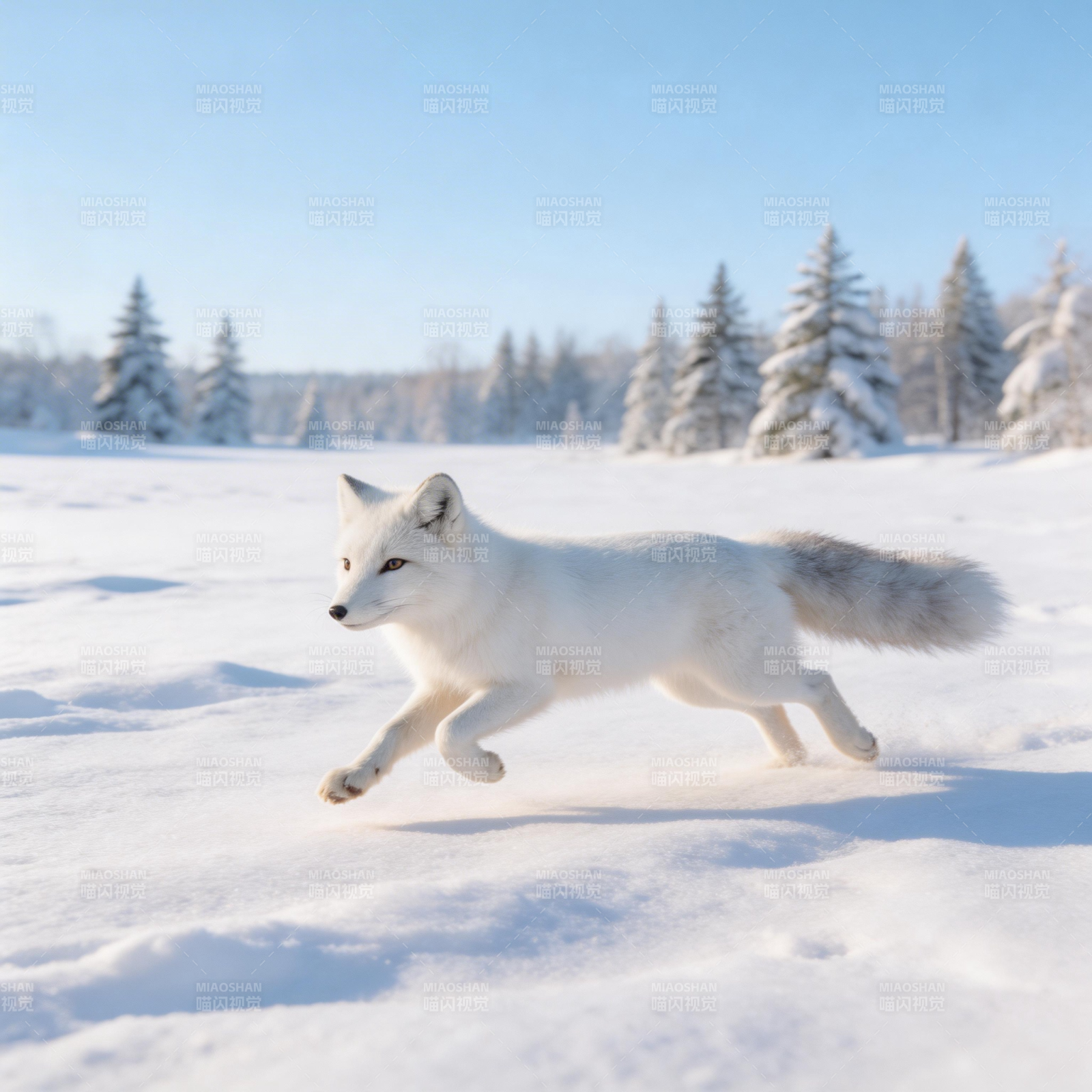 雪狐奔跑于冬日雪原图片