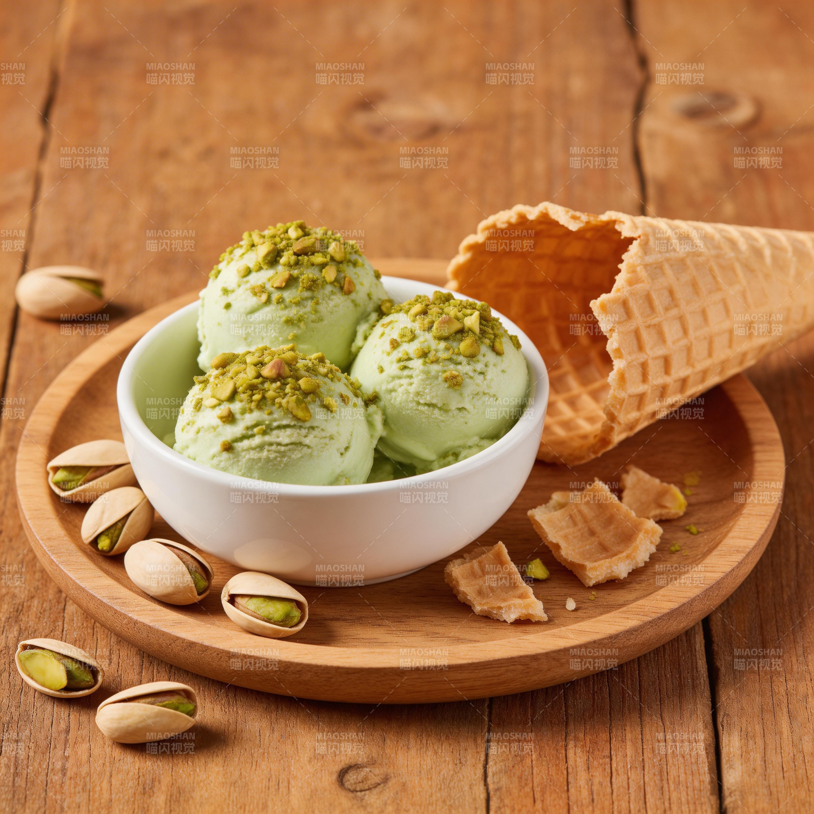 抹茶冰淇淋配开心果图片