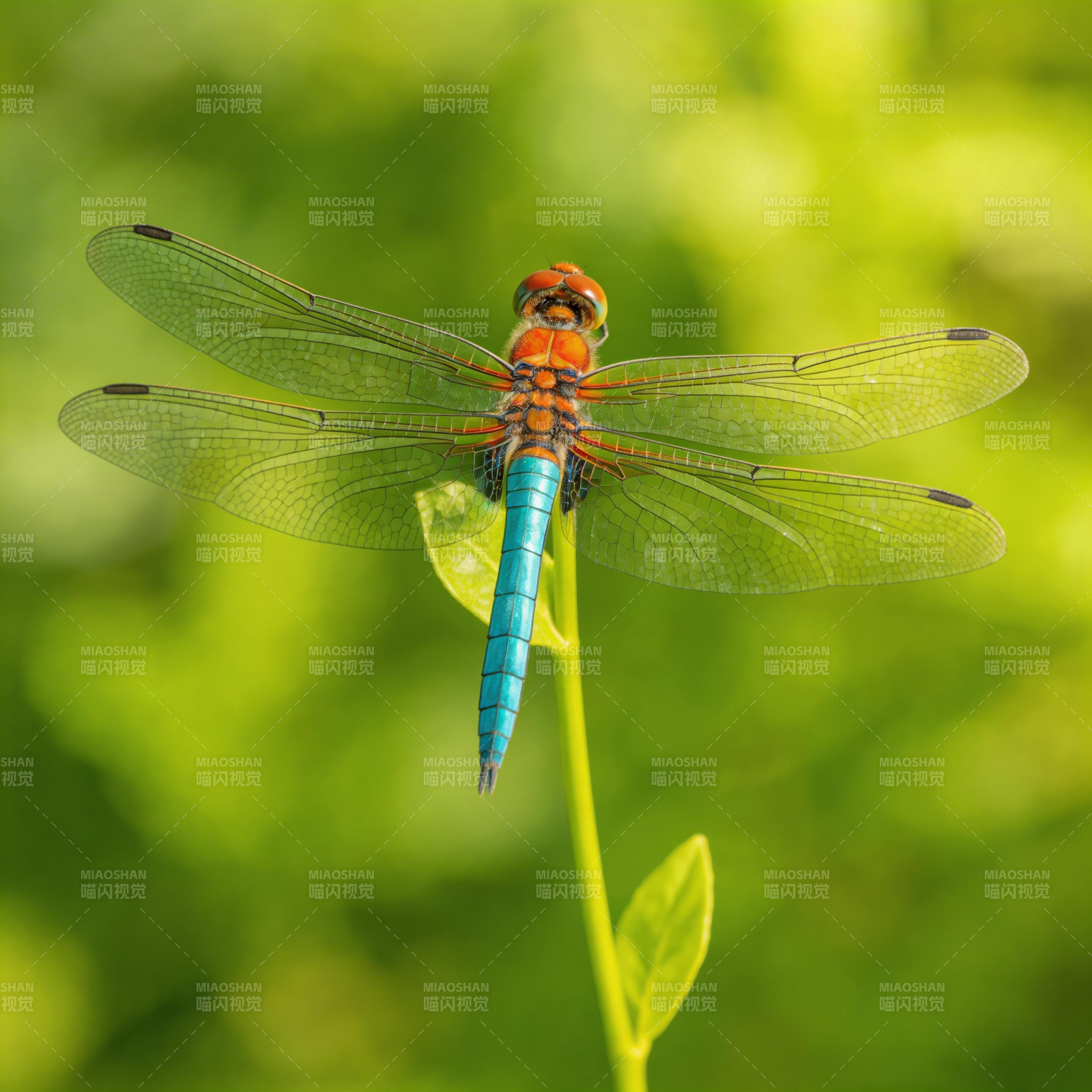 蜻蜓栖息绿叶上图片