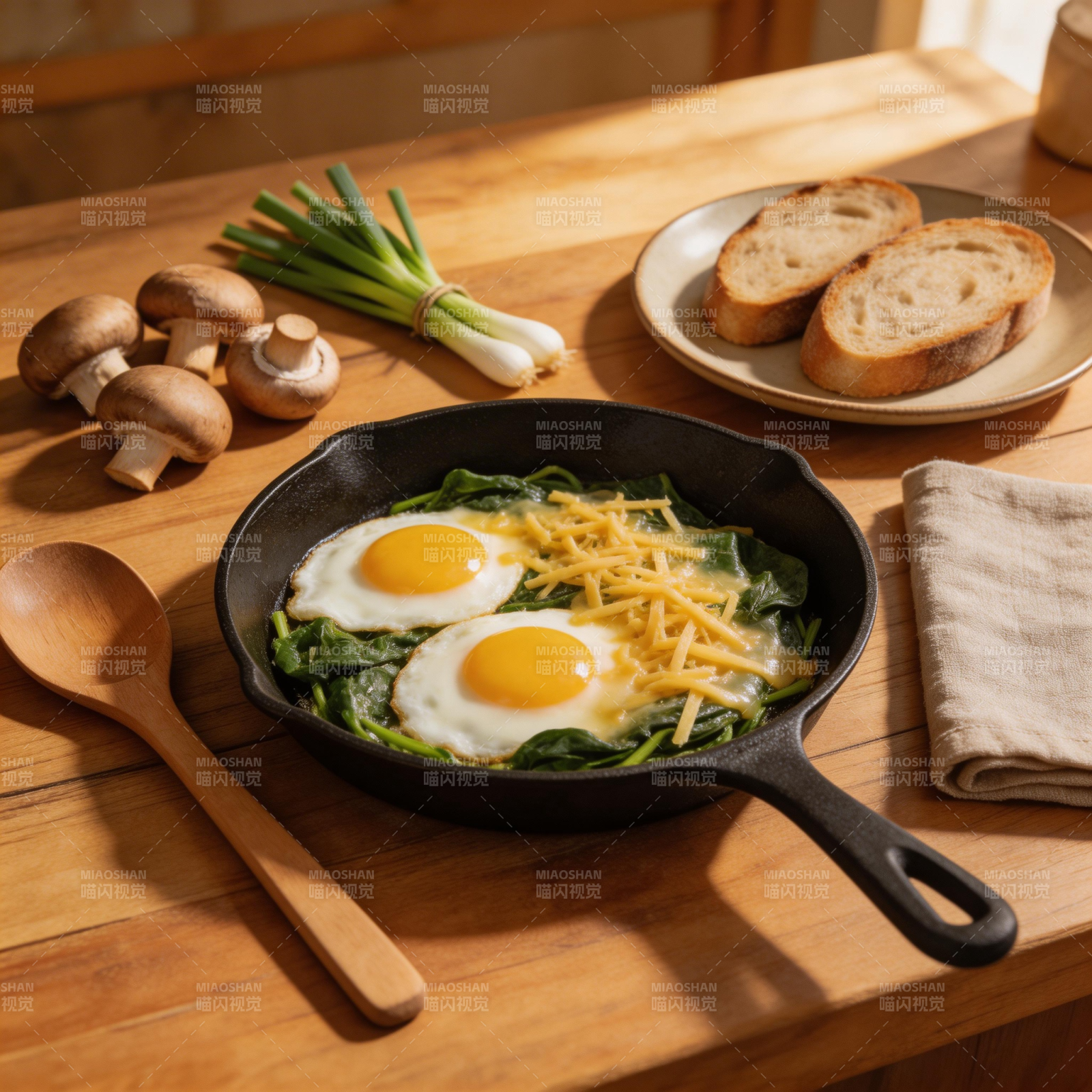 煎蛋菠菜配吐司图片