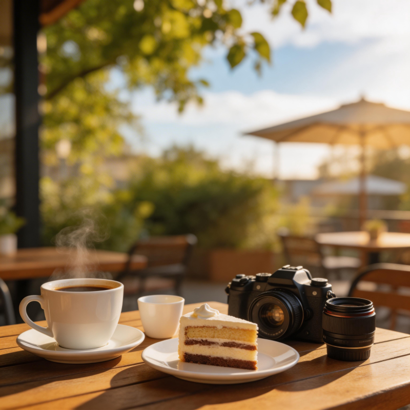 咖啡蛋糕与相机图片