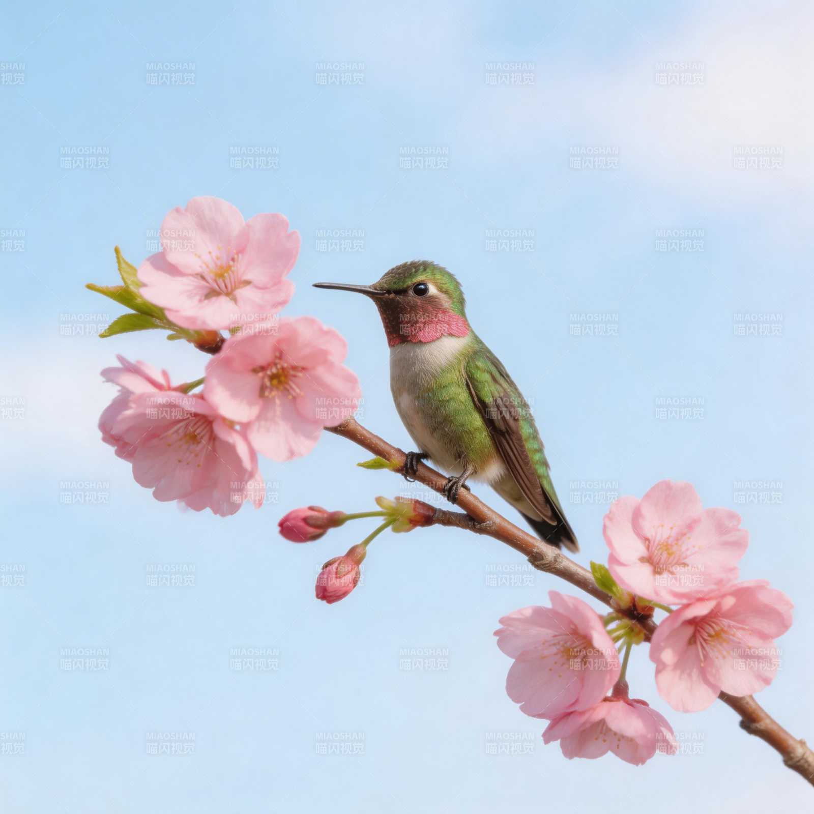蜂鸟栖花枝图片