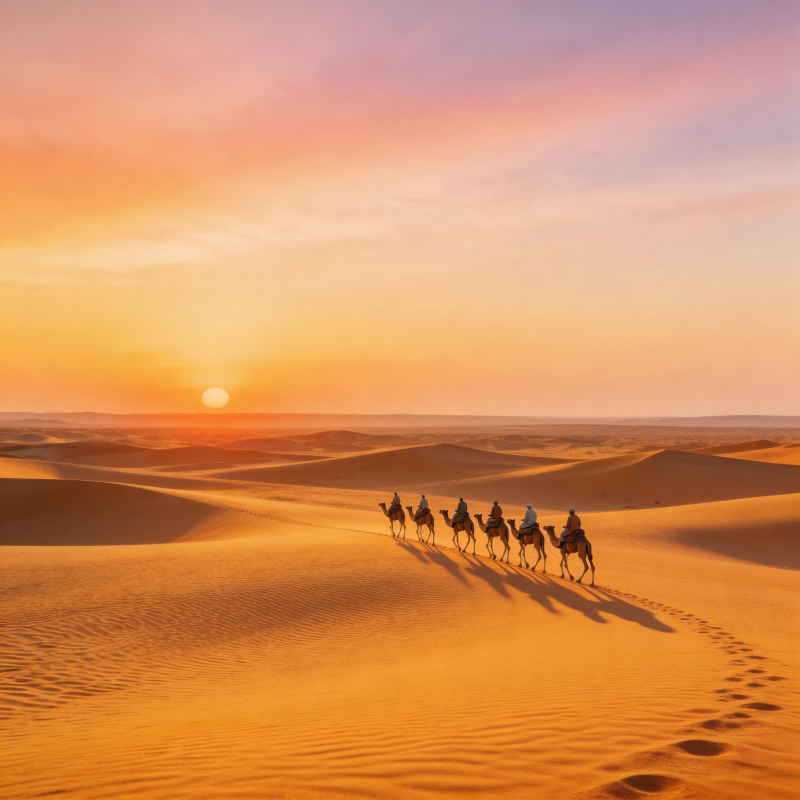 沙漠驼队日落行图片