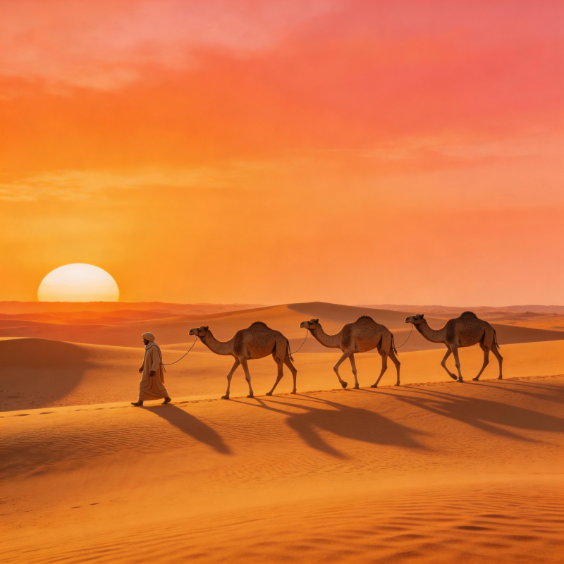 沙漠驼铃夕阳下图片