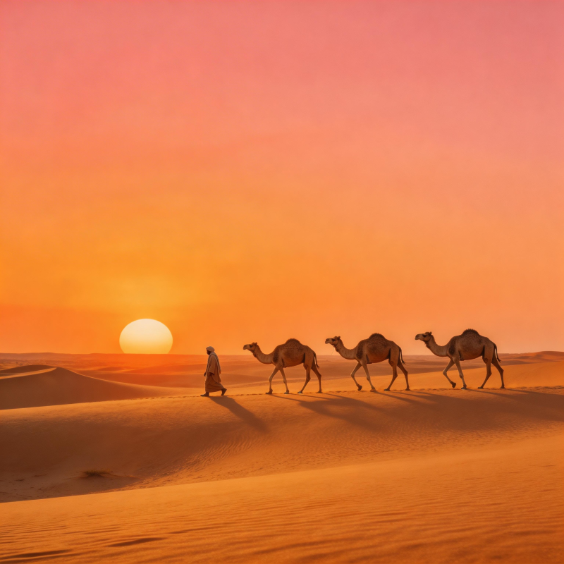 沙漠日落驼队行图片